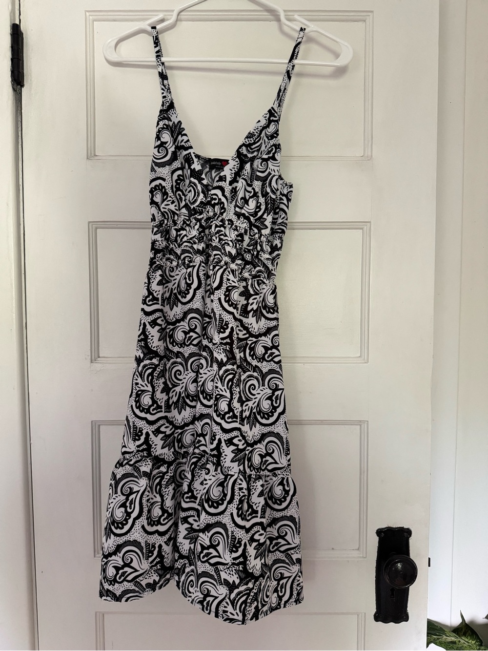 Black & White Paisley Midi Dress with Spaghetti Straps